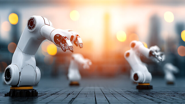 Robotic arms in an industrial setting with a cityscape background, showcasing automation technology