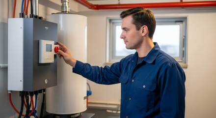 Technician man pushing emergency stop button on industrial control panel. Engineer operating machinery for maintenance or safety shutdown.