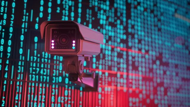 a modern, sleek security camera with glowing lights on its lens against the backdrop of digital data streams and code in shades of blue, purple, and red.