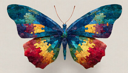 Autism awareness day banner. Butterfly created from multicolored jigsaw puzzle pieces, diversity, support for autistic individuals. Symbolic illustration perfect for events, educational materials,