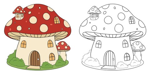Whimsical Mushroom House Illustration Color and Outline