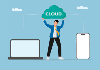 Flat Design Cloud Computing Illustration of Businessman Connecting Data Between Laptop and Smartphone for Digital Storage, Online Network, and Technology Concept Vector