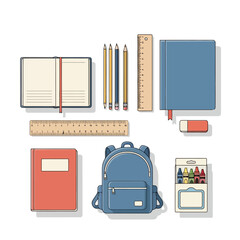School Essentials Flat Lay Notebooks, Backpack, Rulers, and Crayons for Back to School Organization