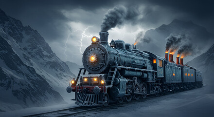 Naklejka premium A vintage steam train travels through a snowy mountain landscape during a stormy night with lightning.