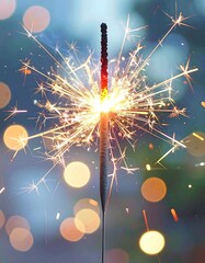 Sparkler bursting with bright light against blurred bokeh background