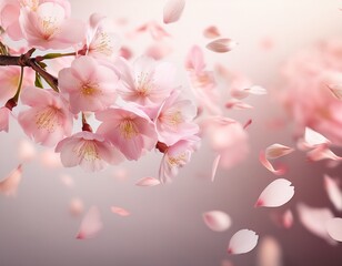 softly illuminated cherry blossom petals falling against a gentle background