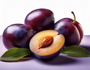 ripe plums are on a table some are whole while one is cut open to show the seed and leaves are placed around them