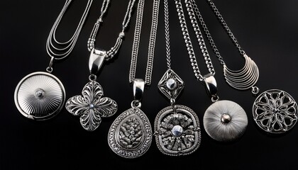 various silver necklaces and pendants on black background