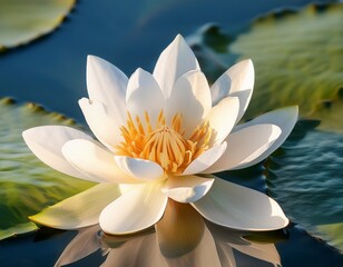 beautiful white lotus flower in full bloom with sunlight reflecting off water surface creating a serene and tranquil scene in nature