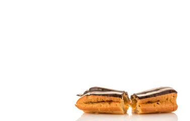Chocolate sweet eclair, macro, isolated on white  background.