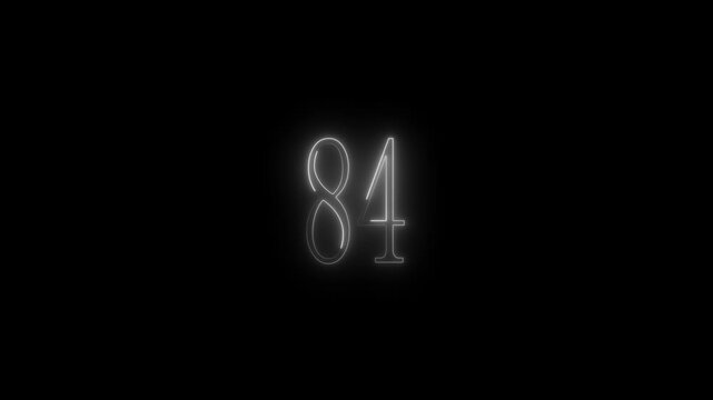White neon number 84 glowing with a soft light on black eighty four numeral