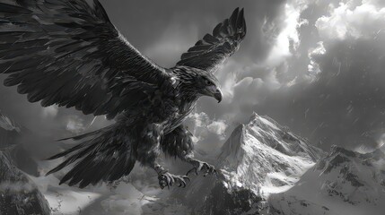 Majestic Eagle Soaring Above Snowy Mountain Peaks