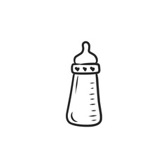 Baby bottle with hearts outline vector illustration black white line art