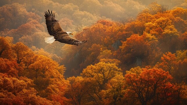 A bald eagle soars gracefully against a backdrop of pristine, snow-covered mountains.