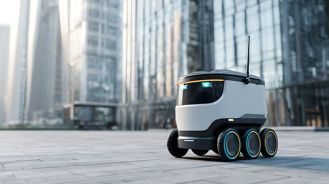 Autonomous delivery robot on urban plaza with modern skyscrapers in background
