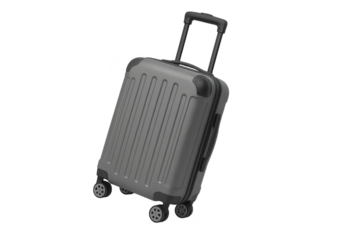 Modern gray suitcase with retractable handle isolated on transparent background.