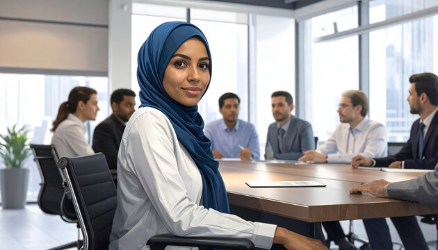 Serene Leader at the Meeting: A composed professional, a woman of Middle Eastern descent with a serene expression, confidently leading a diverse business meeting.