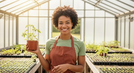 Smiling African American woman gardener holding a potted seedling in a greenhouse. Small business owner working at a plant nursery. Sustainable agriculture concept