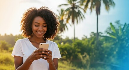 Fototapeta premium Smiling young African American woman using a smartphone outdoors in a tropical setting. Happy person connecting online during a sunny day. Copy space