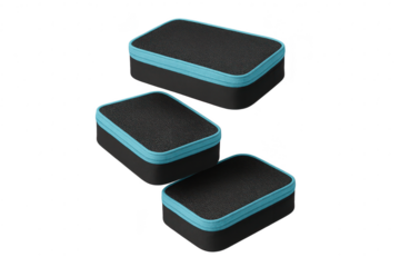 Three black boxes with blue border floating isolated on transparent background