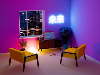 vaporwave neon tv interior
