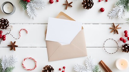 A Festive Christmas Card Mockup with Envelop and Seasonal Decorations on a White Wooden Tabletop