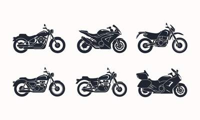 Obraz premium Flat Icons Collection of Motorbike, Bicycle, and Car – Modern Vector Illustration Set Featuring Minimalistic Transport Symbols.