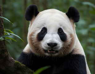 Fototapeta premium Giant Panda Sitting in Forest. Cute Panda in Natural Habitat. Wild Panda Resting on Mossy Ground. Endangered Panda in Bamboo Forest. Adorable Panda Sitting Peacefully in Woods