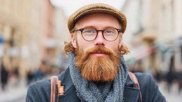 Bearded man with round glasses, flat cap, scarf and coat posing on a busy city street.