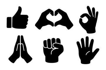 hand gesture silhouette icons , thumbs up, heart hands, ok sign, praying hands, fist, raised palm