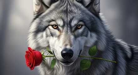 Majestic Wolf Holds Red Rose Gently in Its Mouth