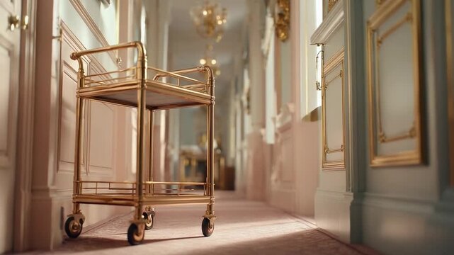 Gold service cart in a sunlit, ornate hotel corridor with gilded walls and chandeliers.
