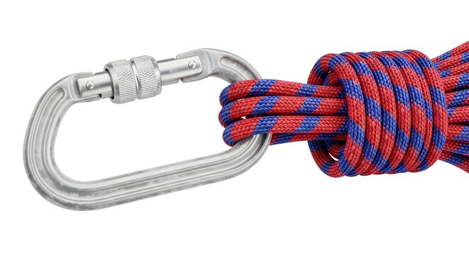 Climbing Rope with Metal Carabiner on White Background