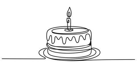 Simple line art birthday cake with one candle and dripping icing on a plate vector