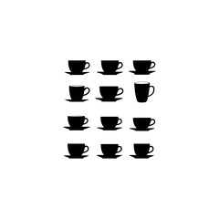 A diverse collection of black silhouette icons featuring various shapes of coffee mugs and teacups arranged in a grid. 