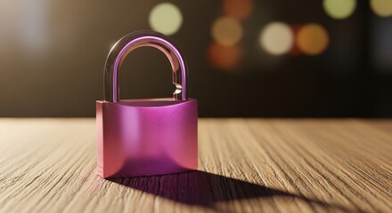 A Metallic Pink Padlock Sits on a Wooden Surface Casting a Shadow