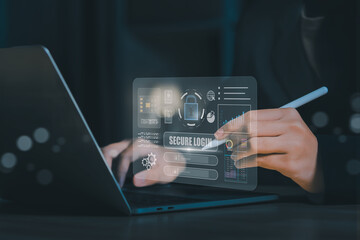 Secure login interface with biometric authentication and data analytics dashboard. A business professional uses futuristic technology to access protected digital information securely.