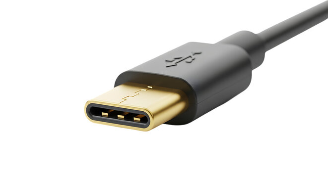 Detailed view of a usb typec connector isolated on transparent background, showcasing its sleek design and goldplated pins, essential for modern electronic device connectivity and data transfer