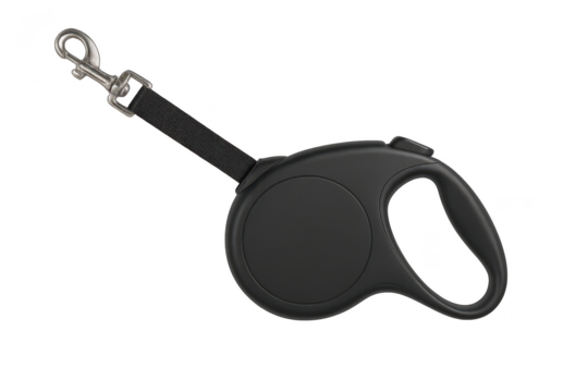 Black retractable dog leash with metal clip isolated on transparent background