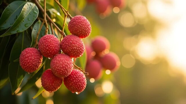 Fresh red lychee fruit branch with dew drops morning light