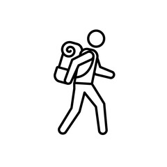 Obraz premium Walking tourist with backpack and sleeping bag line icon.