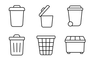 A set of different trash bin icons in minimalist style with editable stroke. Waste container, garbage, recycling, cleaning, dustbin, litter basket, disposal object, environment element