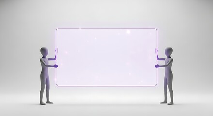 Obraz premium Sleek Metallic Humanoids Presenting a Glowing Transparent Display in a White Studio.