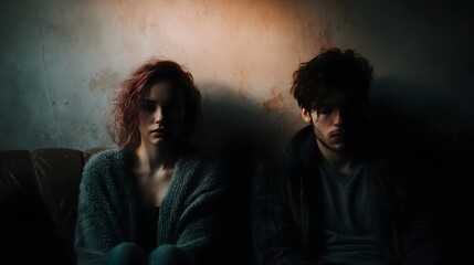 Fototapeta premium A couple sits apart on a sofa in a dimly lit room conveying a sense of emotional distance and sadness