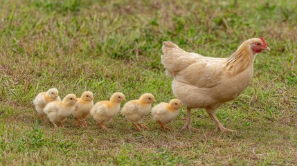 Fototapeta premium Tan Hen Followed by Six Yellow Chicks in a Field