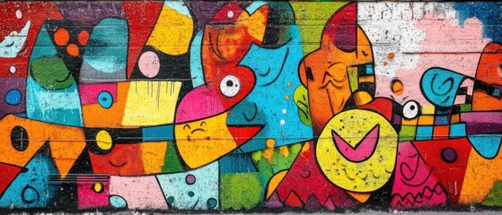 Obraz premium Colorful geometric graffiti wall art playful cartoon characters vibrant street art urban design creative background