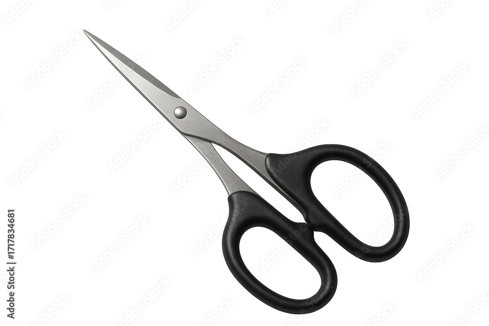 Poster sharp metal scissors with black handles isolated on transparent background