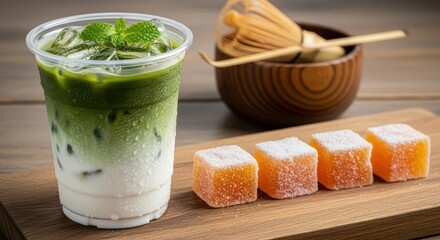 Refreshing Iced Matcha Latte With Orange Jelly Cubes and Mint Garnish