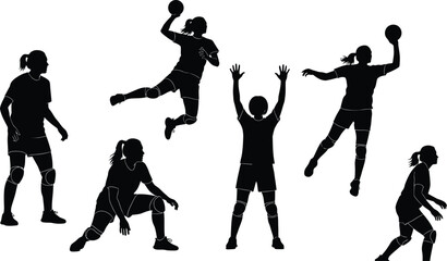 silhouettes of female athletes in action during a handball game