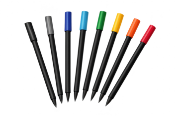 Vibrant colorful marker pens fanned out, isolated on transparent background.
